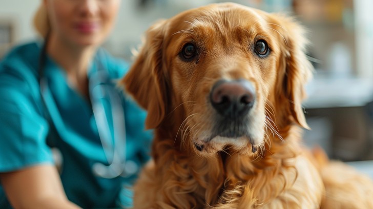 Sad looking dog sitting with veterinarian.