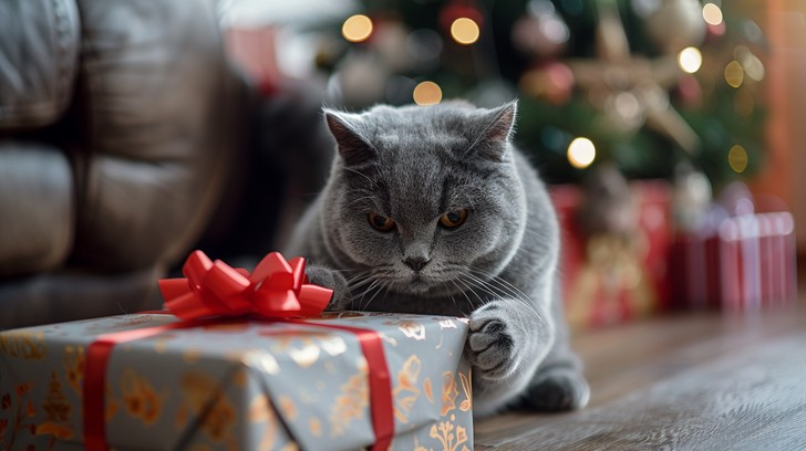 Cat lying on top of a wrapped Christmas package.