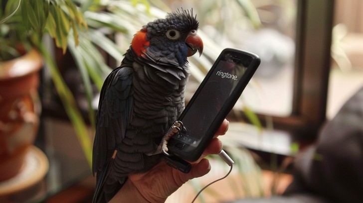 A parrot using a cell phone.